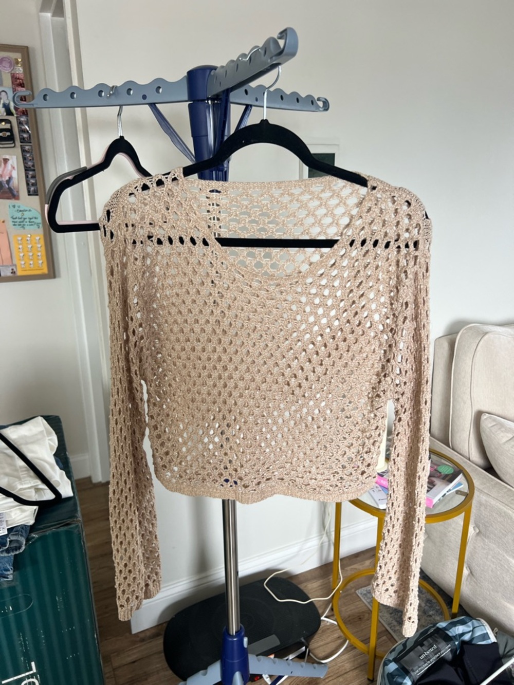 Women’s Beige Open-Knit Cropped Sweater Top
